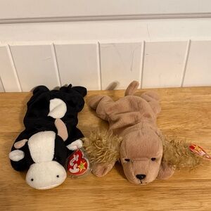 Ty Plush Duo - Black & White Cow and Tan Dog